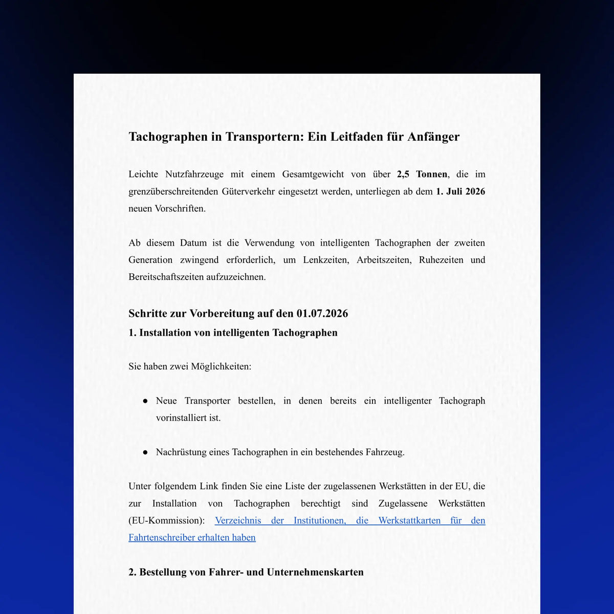 Text document on tachographs for vans with a blue border