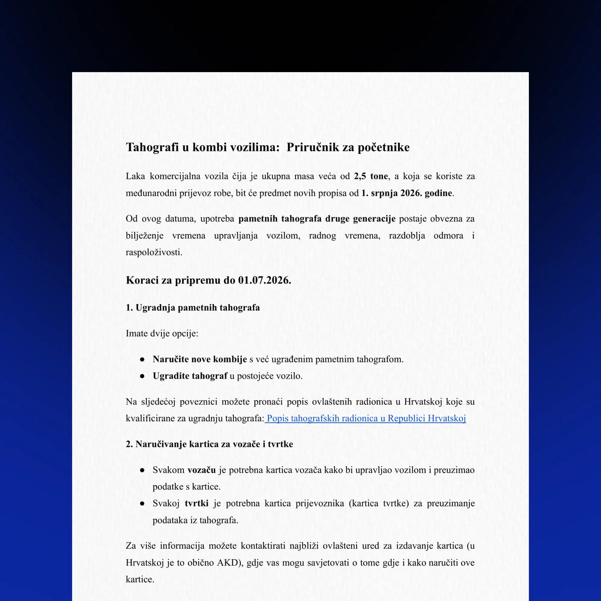 Text document on tachographs for vans with a blue border