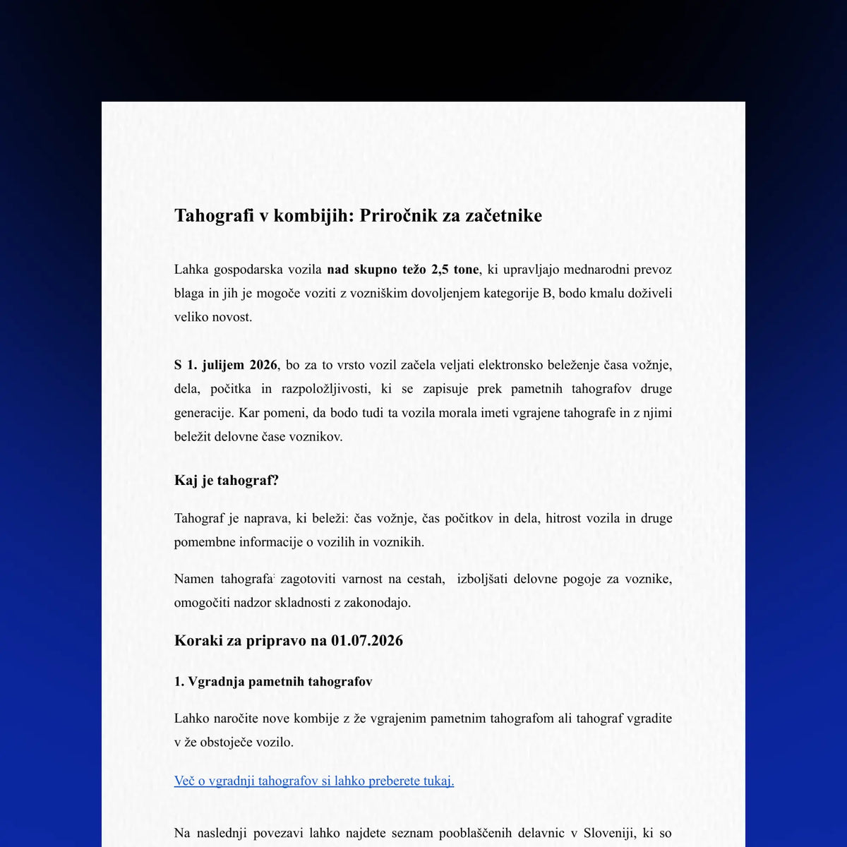 Text document on tachographs for vans with a blue border