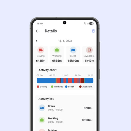 Phone screen displaying a time myTacho app with a tachograph card activity details.