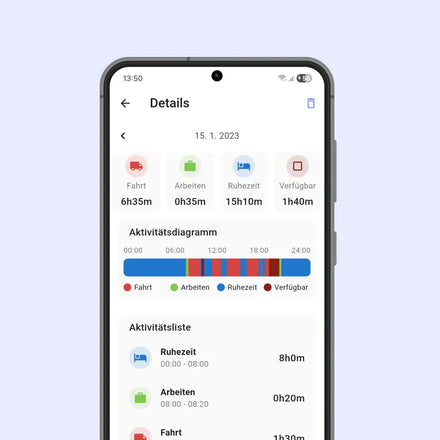 Handybildschirm zeigt die myTacho-App mit den Aktivitätsdetails der Fahrerkarte.