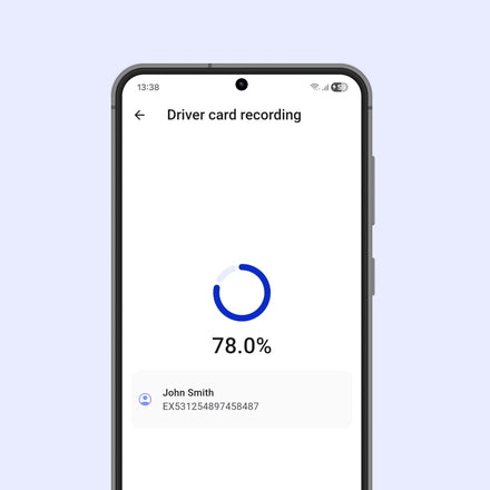 Phone screen displaying tachograph card downloading on a  myTacho app.