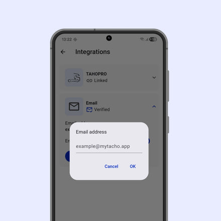 Phone screen displaying email sharing integration with a  myTacho app
