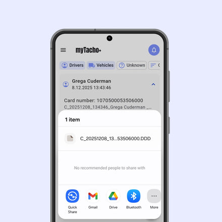 Phone screen displaying tachograph DDD file sharing on a  myTacho app
