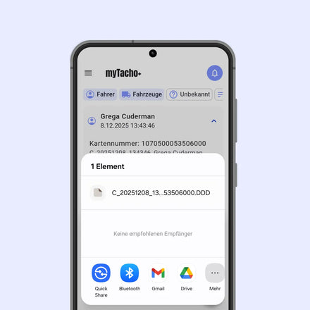 Handybildschirm zeigt das Teilen von Tachograph-DDD-Dateien in der myTacho-App
