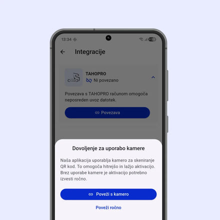 Zaslon telefona prikazuje integracijo TAHOPRO v aplikaciji myTacho