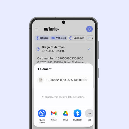 Zaslon telefona prikazuje deljenje datotek DDD iz tahografa v aplikaciji myTacho