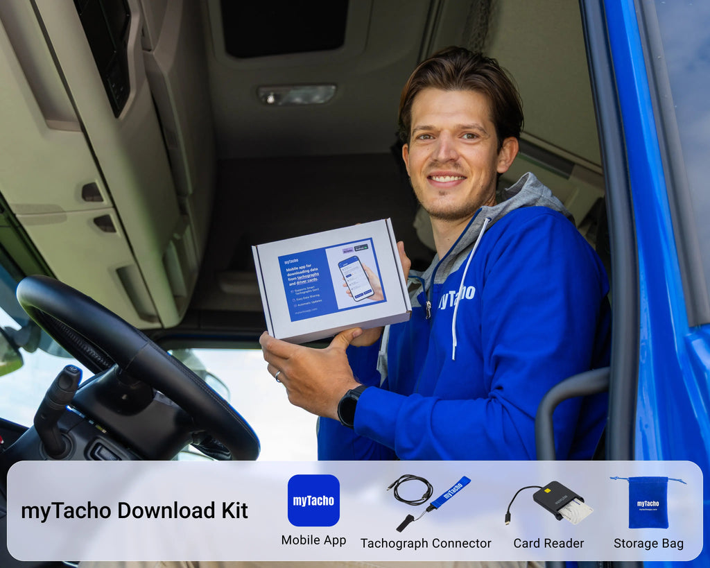 Man holding a myTacho download kit inside a vehicle, with additional myTacho products displayed below.
