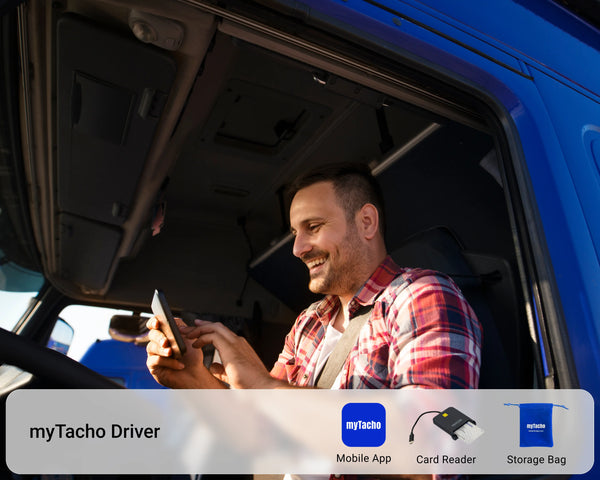 Man inside a truck using a phone with myTacho to record tachograph driver card.